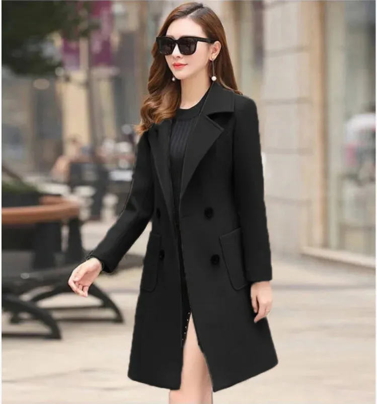 2024 Autumn Winter Women Long Woolen Coats Double Breasted Female Solid Color Slim Fit Outerwear Turn-down Collar Streetwear