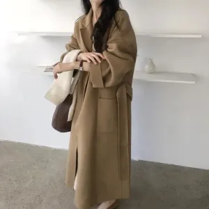 2024 Winter Korean Khaki Woolen Coat – Mid-Waist Tie Jacket for Daily Wear