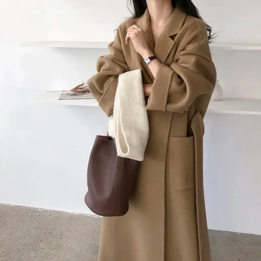 2024 Winter Korean Khaki Woolen Coat – Mid-Waist Tie Jacket for Daily Wear