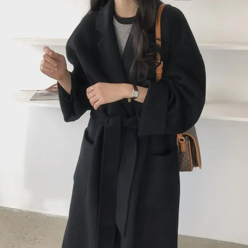 2024 Winter Korean Khaki Woolen Coat – Mid-Waist Tie Jacket for Daily Wear