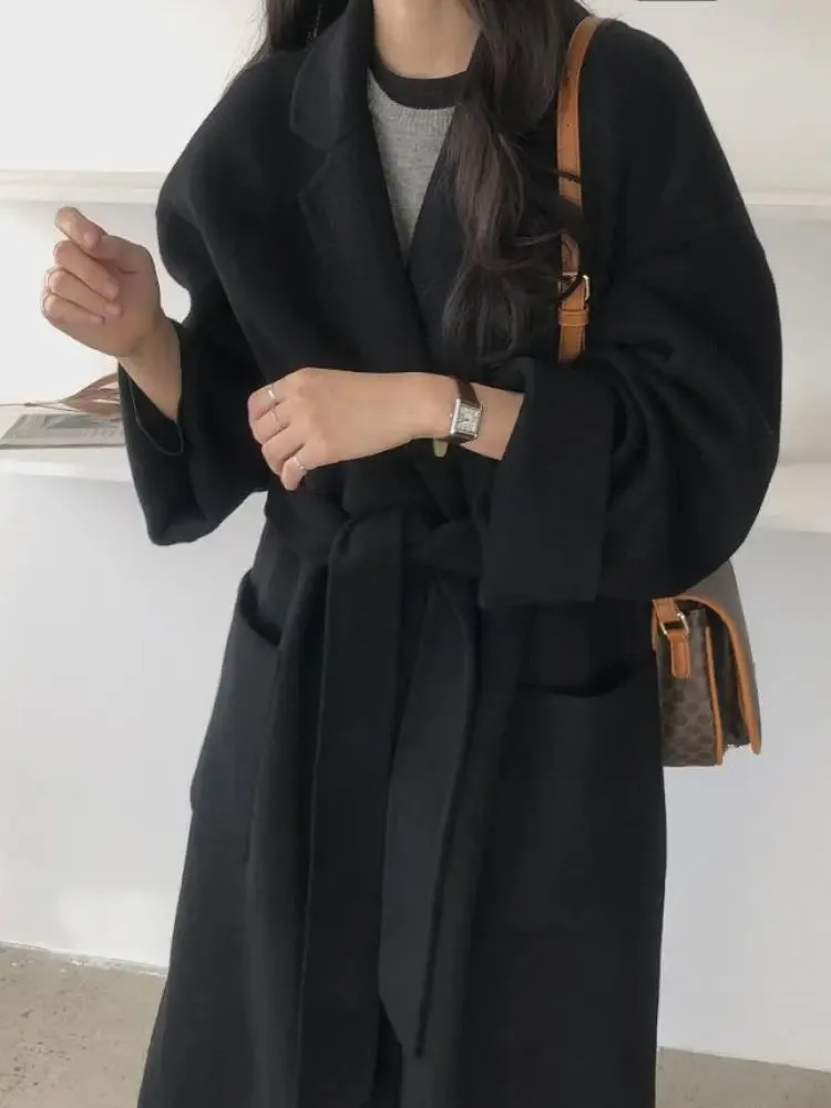 2024 Winter Korean Khaki Woolen Coat – Mid-Waist Tie Jacket for Daily Wear