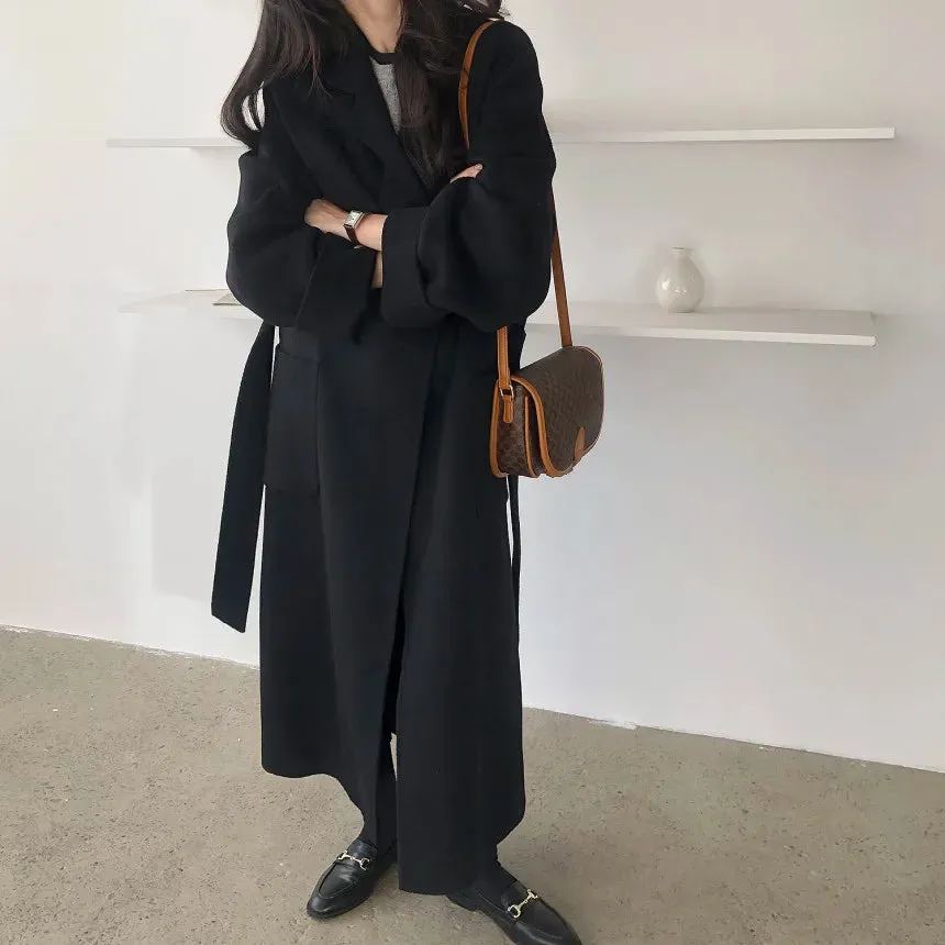 2024 Winter Korean Khaki Woolen Coat – Mid-Waist Tie Jacket for Daily Wear