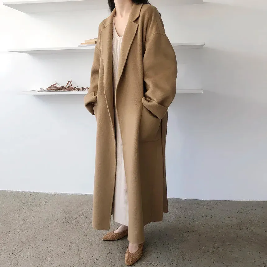 2024 Winter Korean Khaki Woolen Coat – Mid-Waist Tie Jacket for Daily Wear