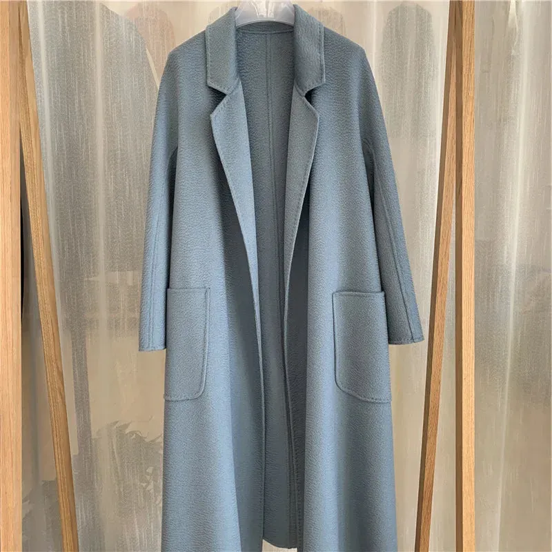 2025 Korean Women’s Handmade Water Ripple Coat – Double-Sided Cashmere Wool