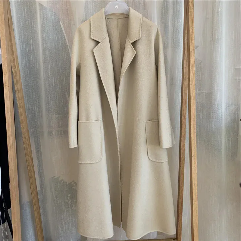 2025 Korean Women’s Handmade Water Ripple Coat – Double-Sided Cashmere Wool