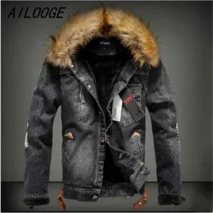 AILOOGE New Winter Fashion Men Woolen Denim Jacket With Fur Collar Oversize Casual Jeans Jacket Plus Size Velvet Outwear Coat