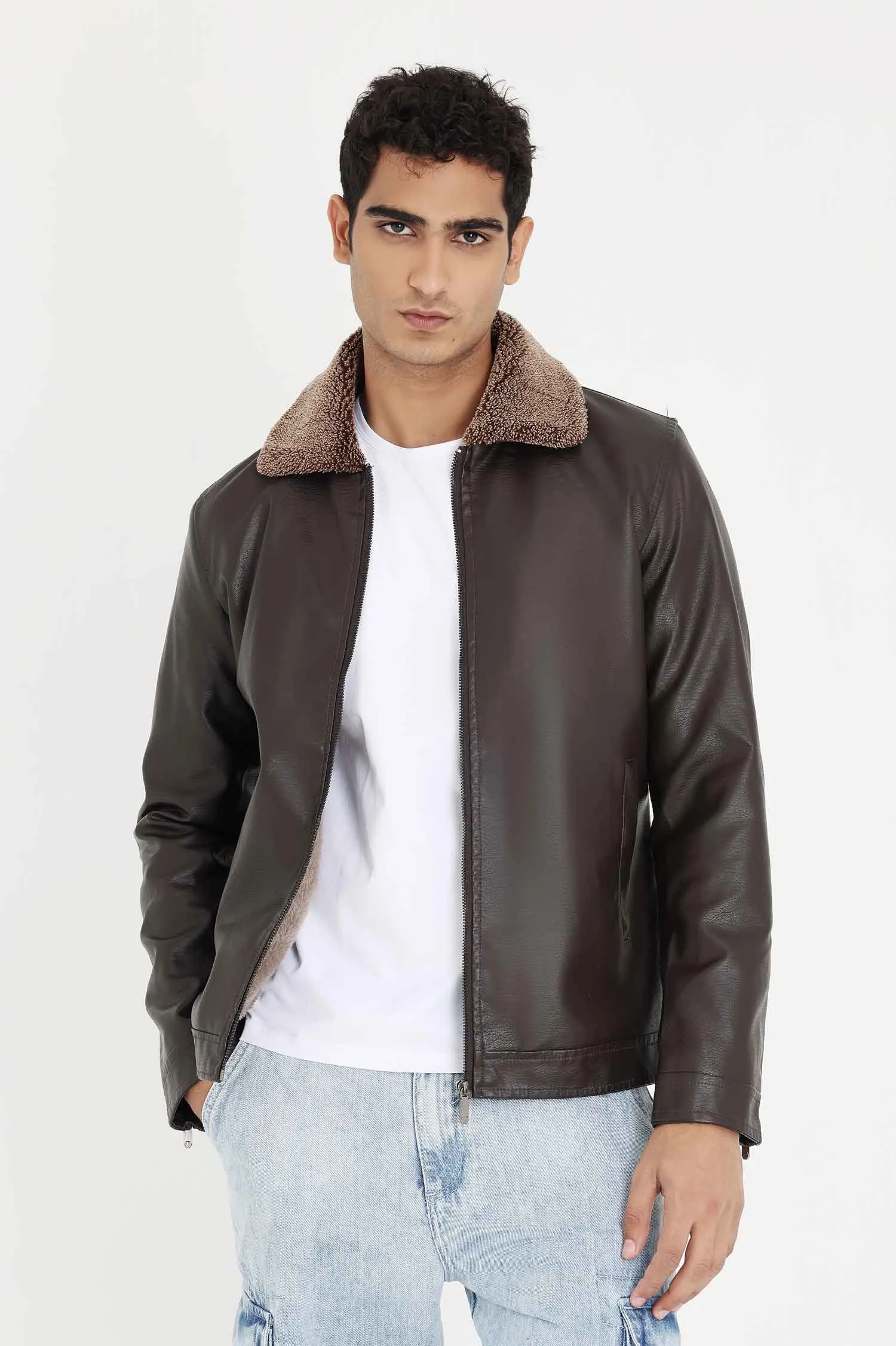 ALMAS STYLISH COLLAR LEATHER JACKET-COFFEE
