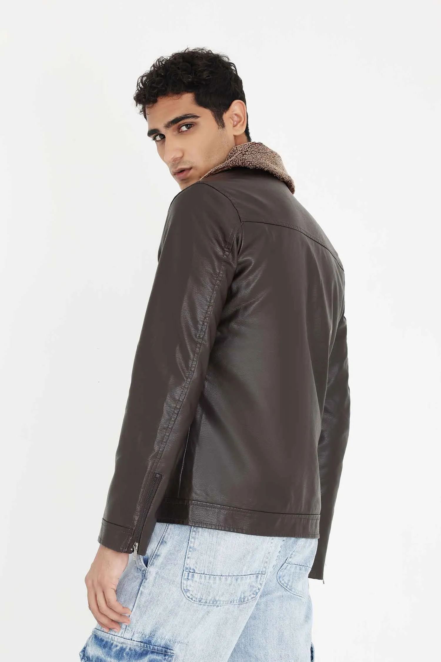 ALMAS STYLISH COLLAR LEATHER JACKET-COFFEE