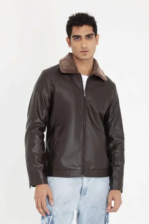 ALMAS STYLISH COLLAR LEATHER JACKET-COFFEE