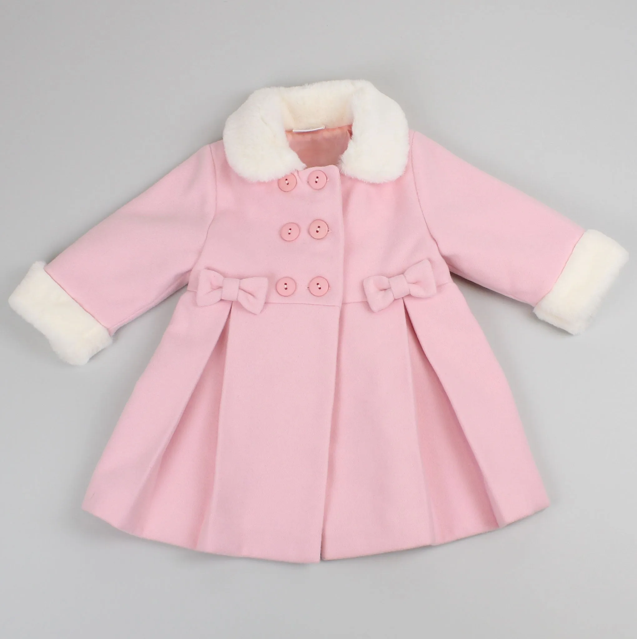 Baby Girls Pea Coat With Faux Fur Trim - Pink