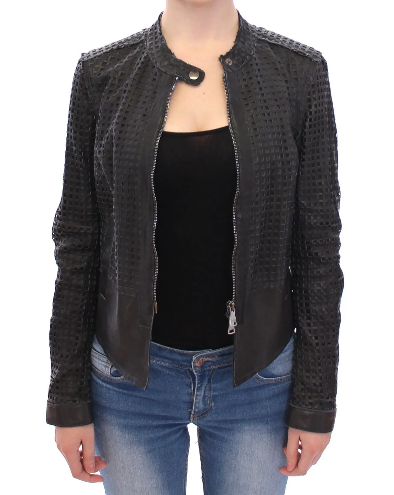 Black Perforated Leather Biker Jacket Coat