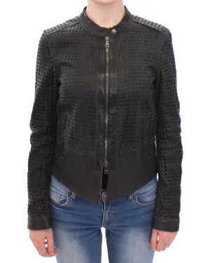 Black Perforated Leather Biker Jacket Coat