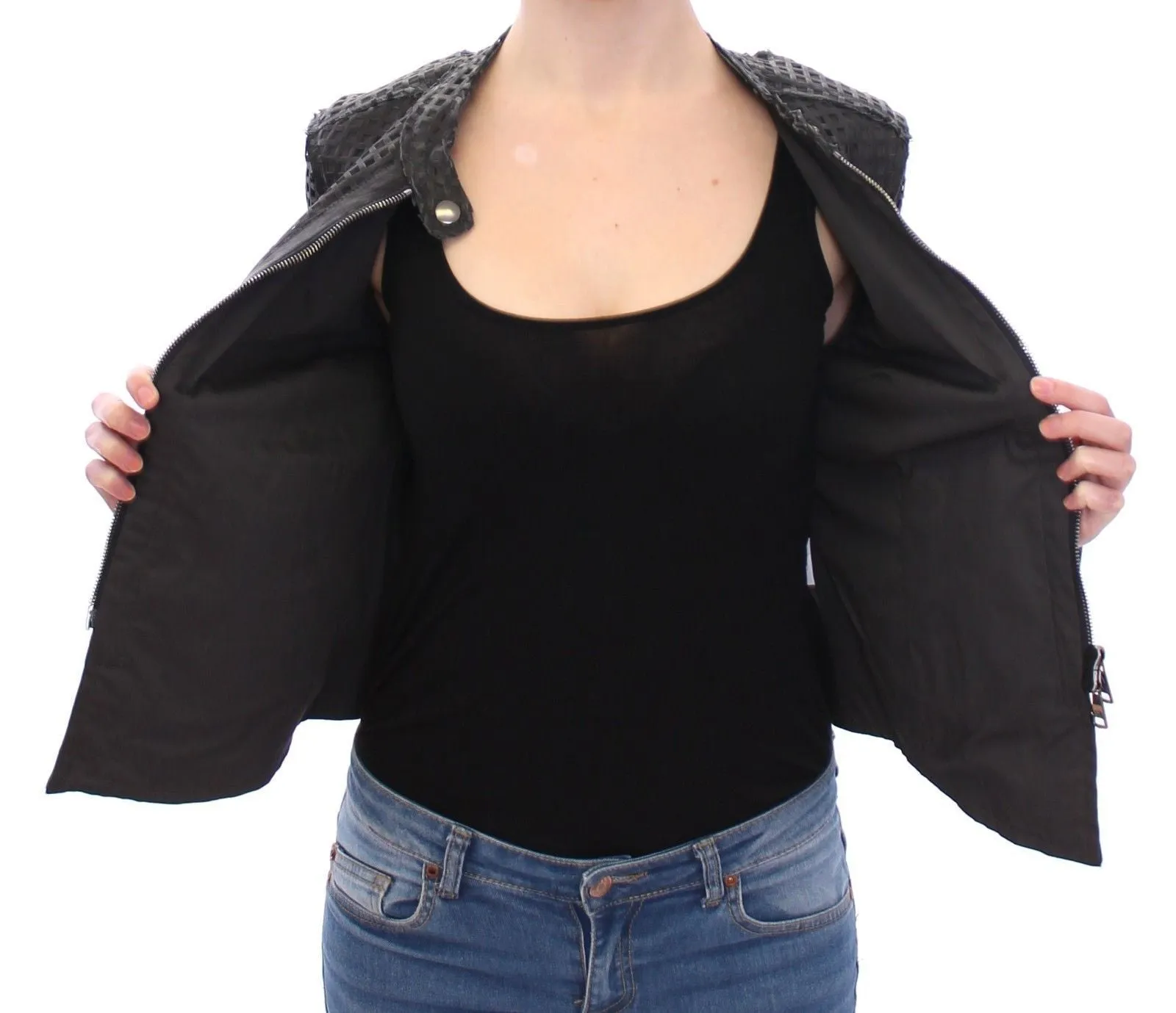 Black Perforated Leather Biker Jacket Coat