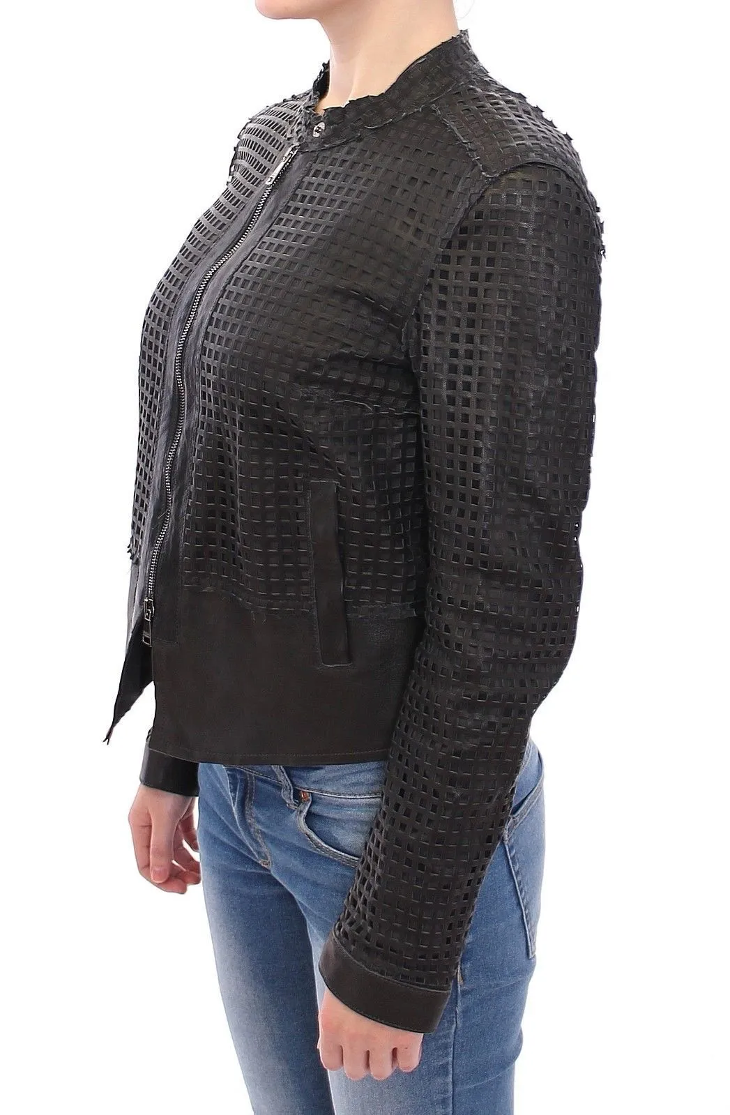 Black Perforated Leather Biker Jacket Coat