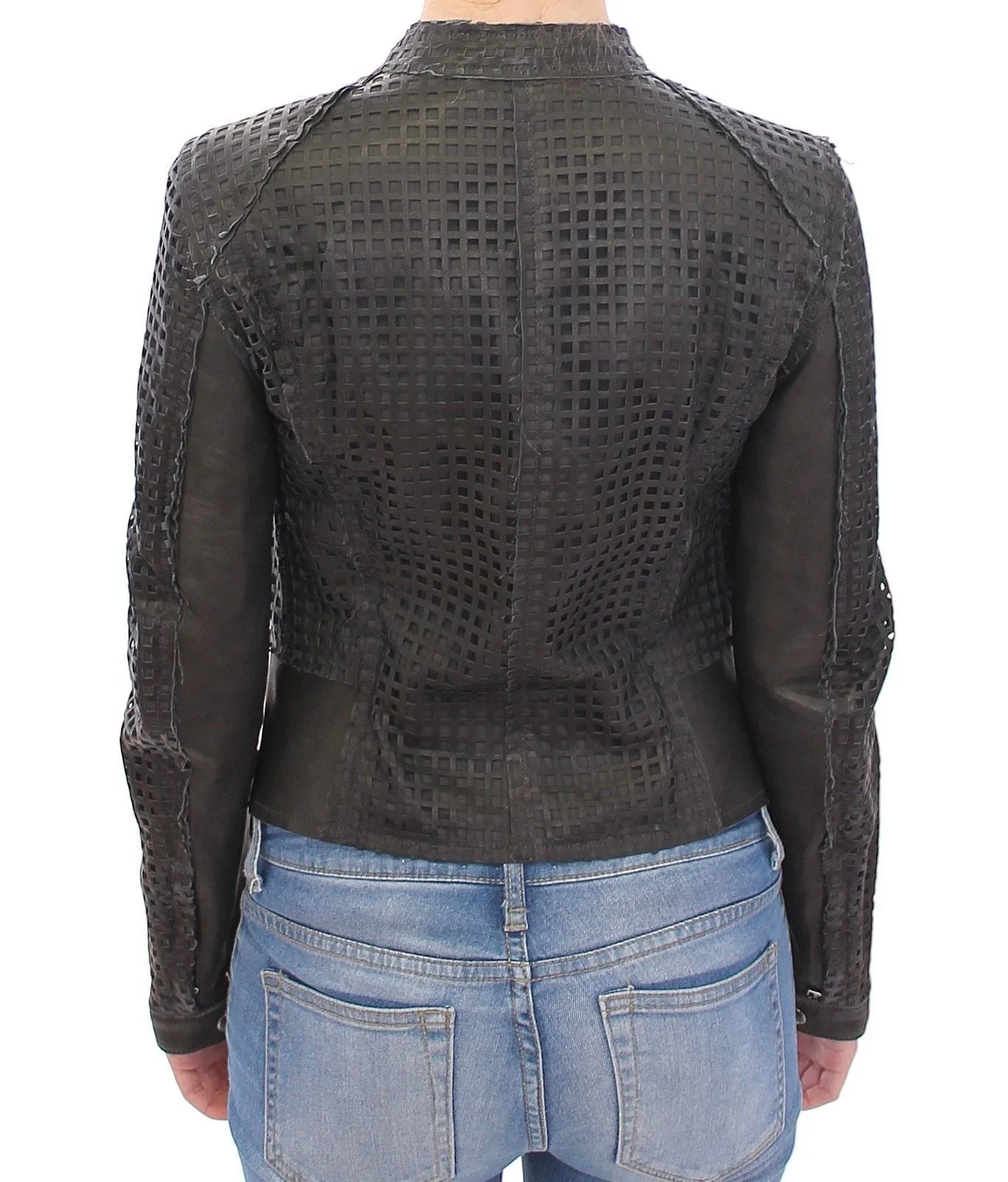 Black Perforated Leather Biker Jacket Coat