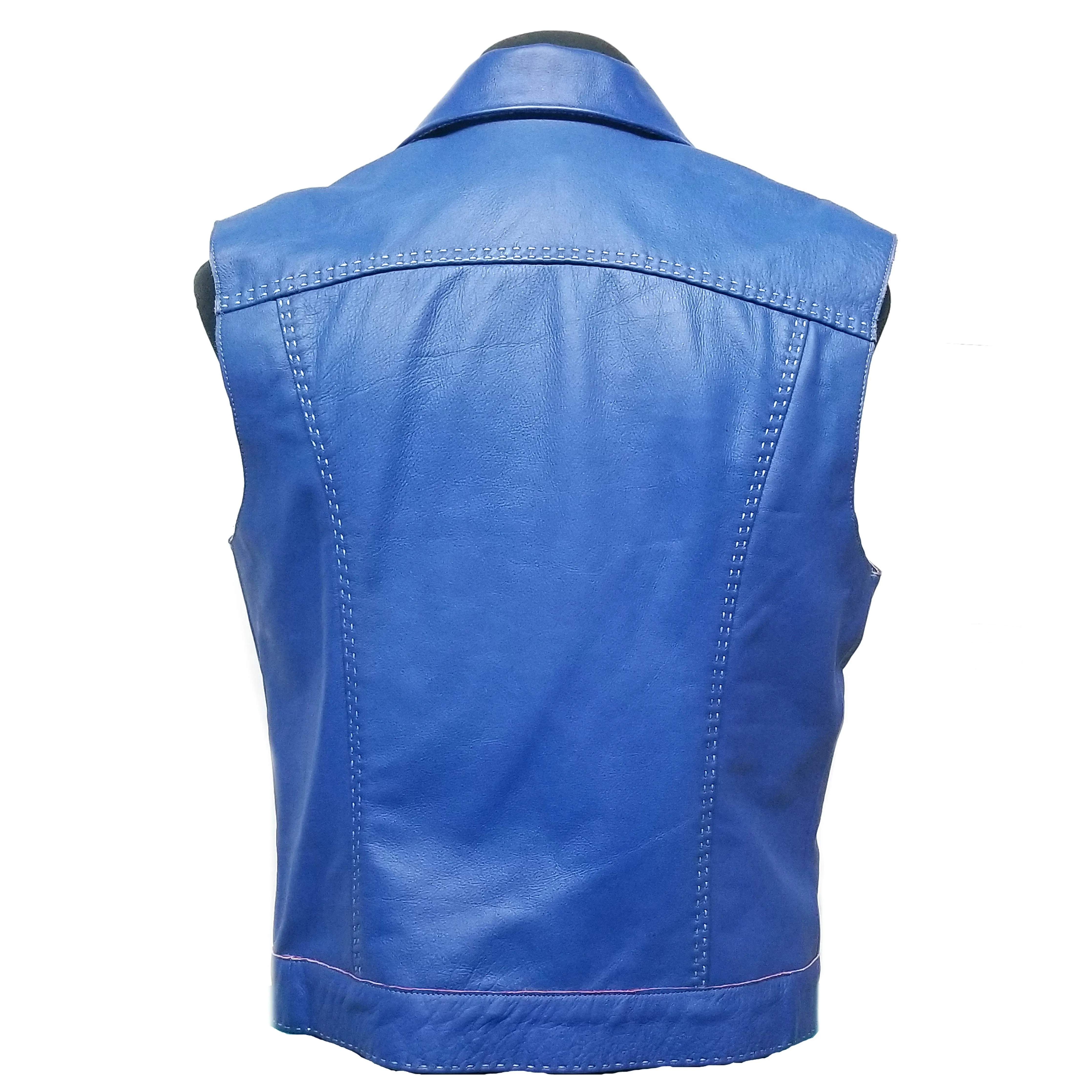 Blue Genuine Leather Vest Snap Button Closure