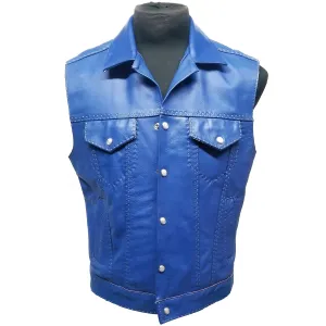 Blue Genuine Leather Vest Snap Button Closure