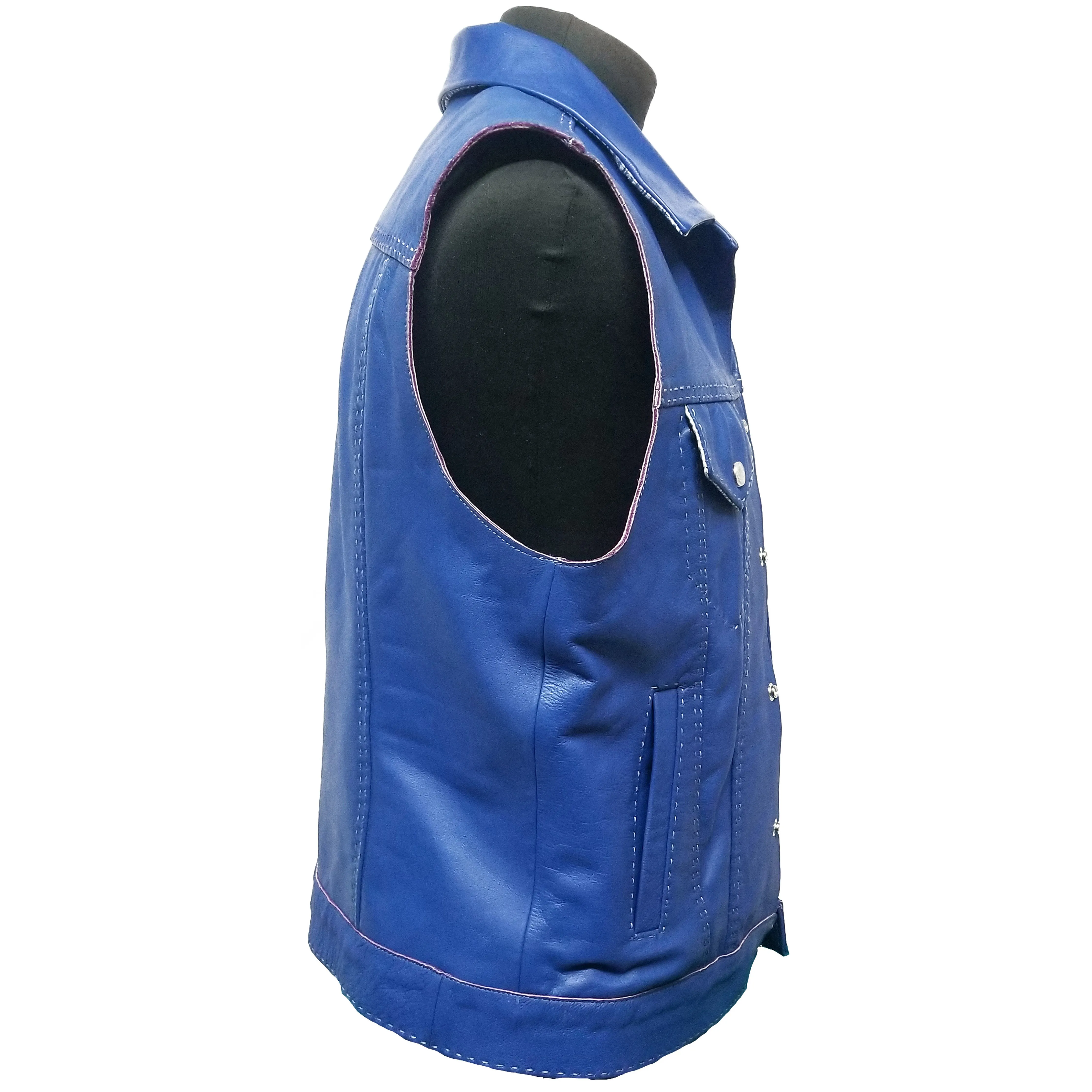 Blue Genuine Leather Vest Snap Button Closure