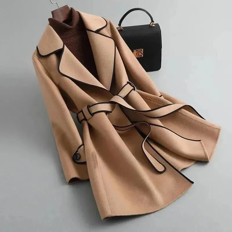 Cashmere Belt Winter Long Women's Overcoat Outwear Korean Fashion Elegant and Mature Trench Coats Female Lapel Woolen Cardigan