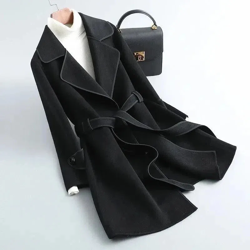 Cashmere Belt Winter Long Women's Overcoat Outwear Korean Fashion Elegant and Mature Trench Coats Female Lapel Woolen Cardigan