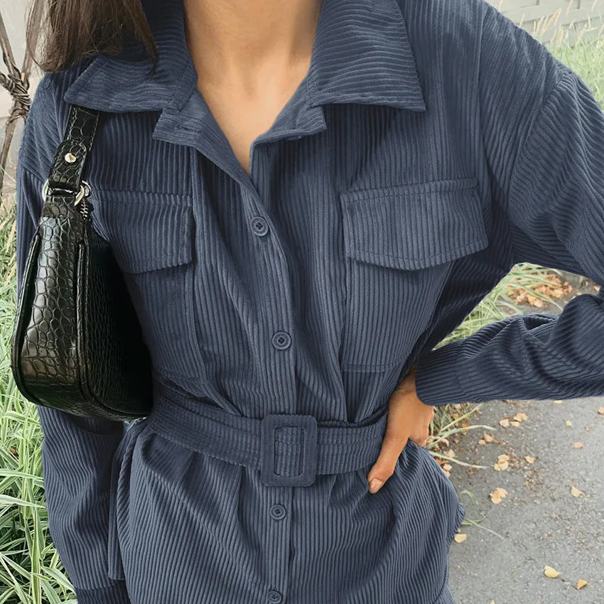 Corduroy Lace-up Elastic Waist Tops Slacks Belt Two-piece Set