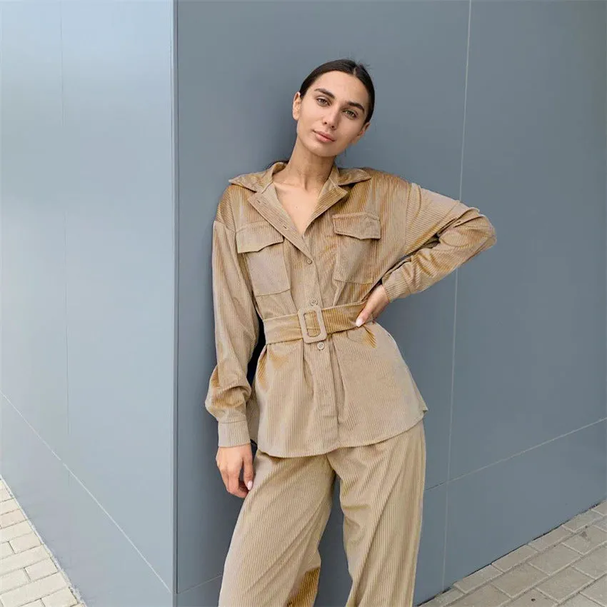 Corduroy Lace-up Elastic Waist Tops Slacks Belt Two-piece Set