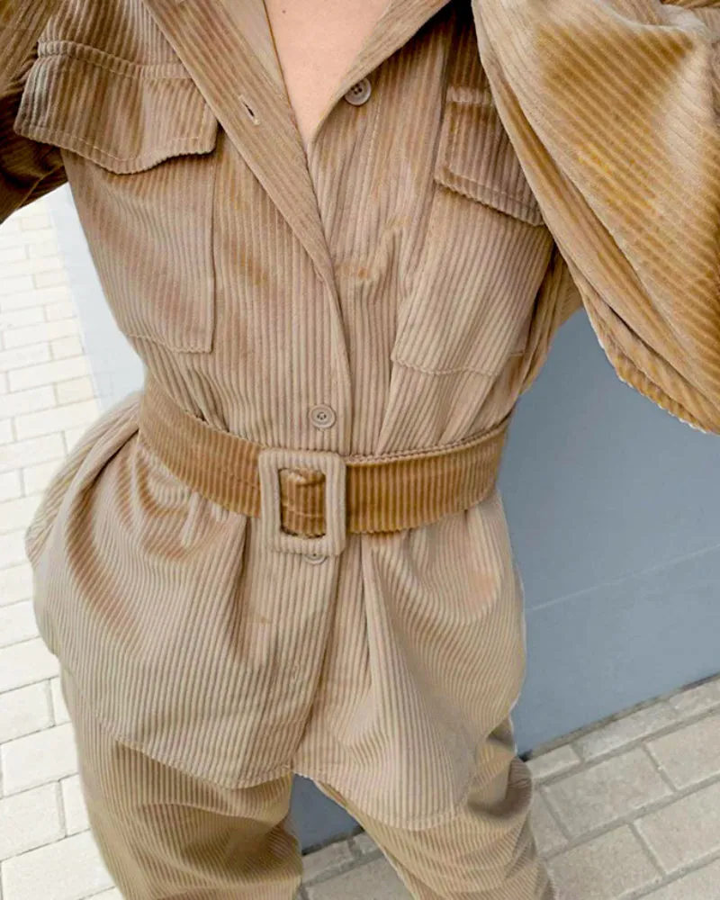 Corduroy Lace-up Elastic Waist Tops Slacks Belt Two-piece Set