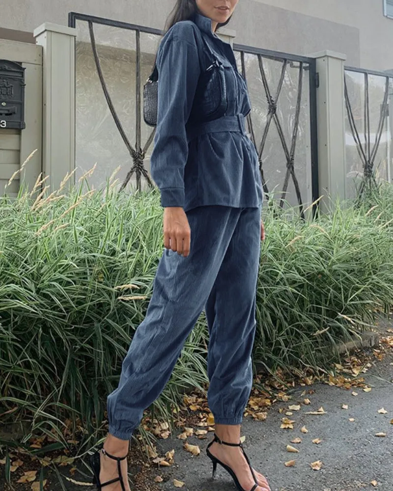 Corduroy Lace-up Elastic Waist Tops Slacks Belt Two-piece Set