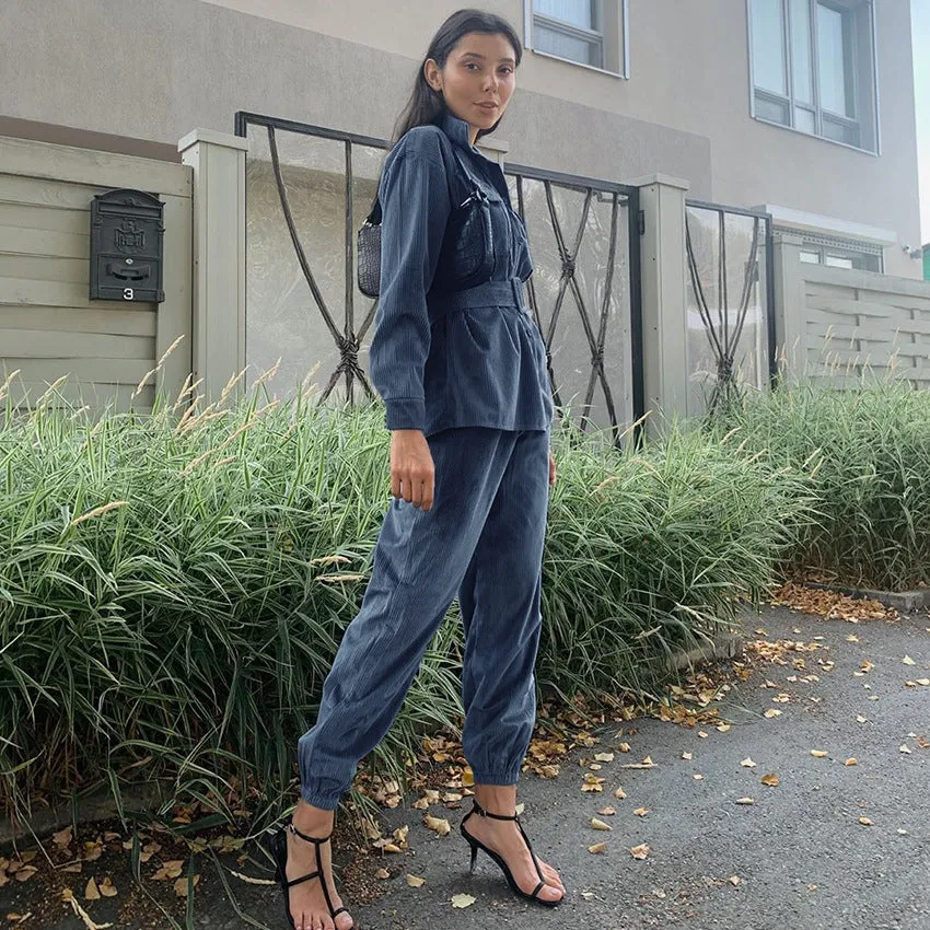 Corduroy Lace-up Elastic Waist Tops Slacks Belt Two-piece Set