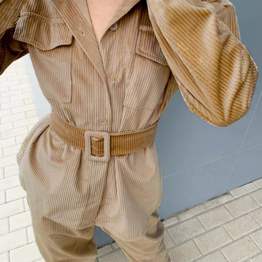 Corduroy Lace-up Elastic Waist Tops Slacks Belt Two-piece Set