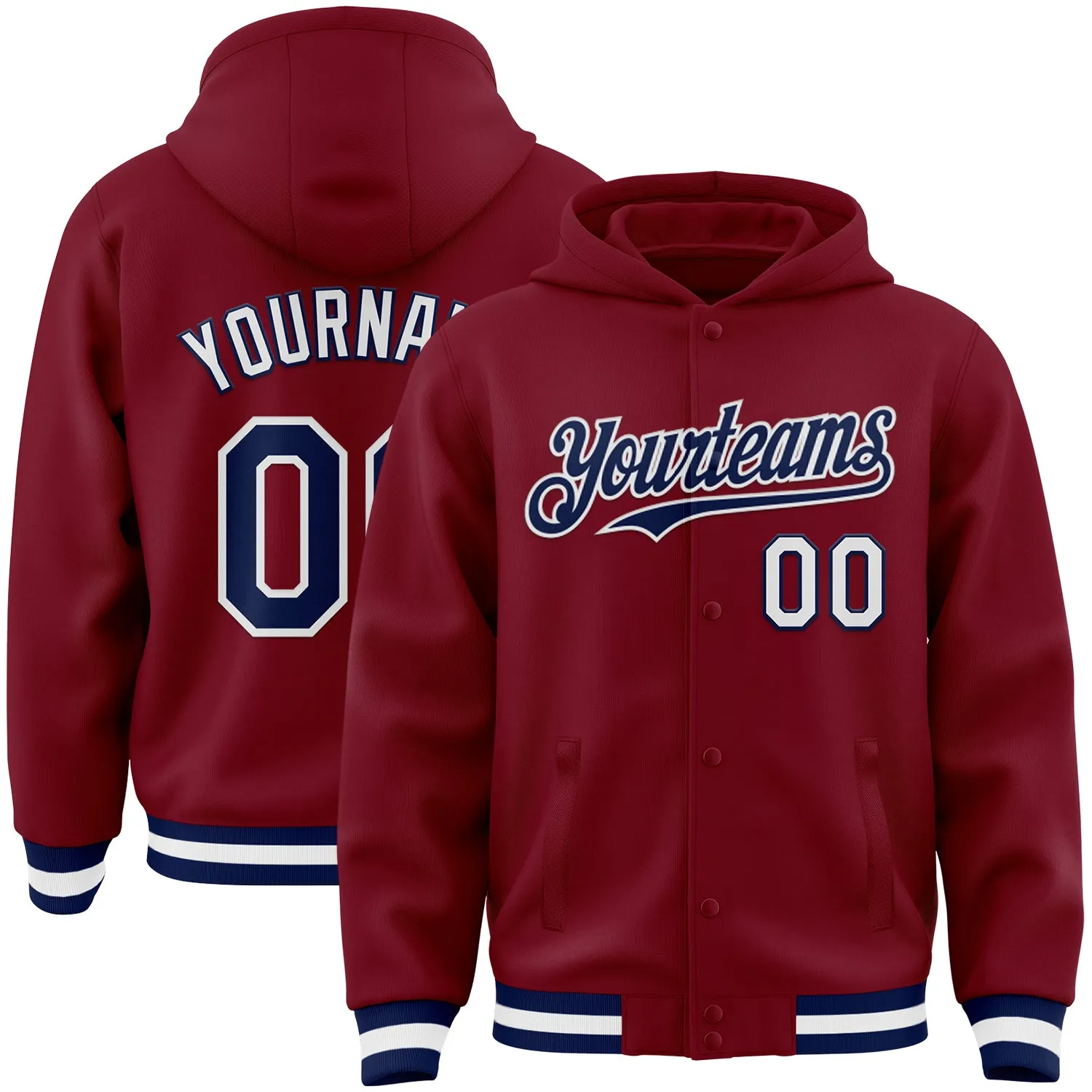 Custom Crimson Navy-White Bomber Full-Snap Varsity Letterman Hoodie Jacket