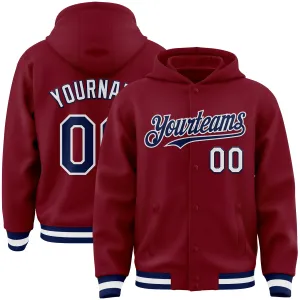 Custom Crimson Navy-White Bomber Full-Snap Varsity Letterman Hoodie Jacket