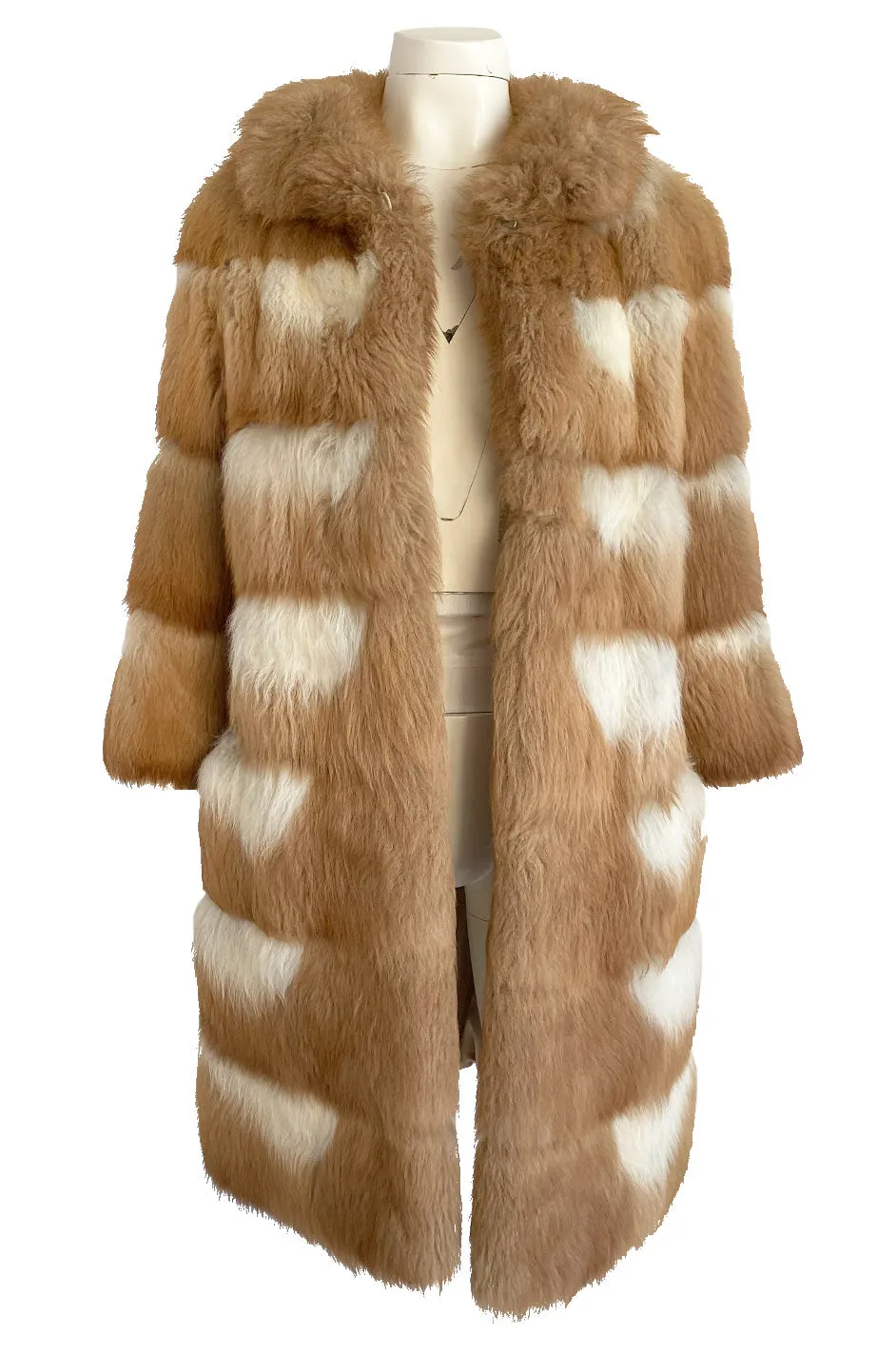 Custom Made c.1968- 1972 Christian Dior Two Toned Caramel & Cream Fluffy Sheepskin Fur Coat