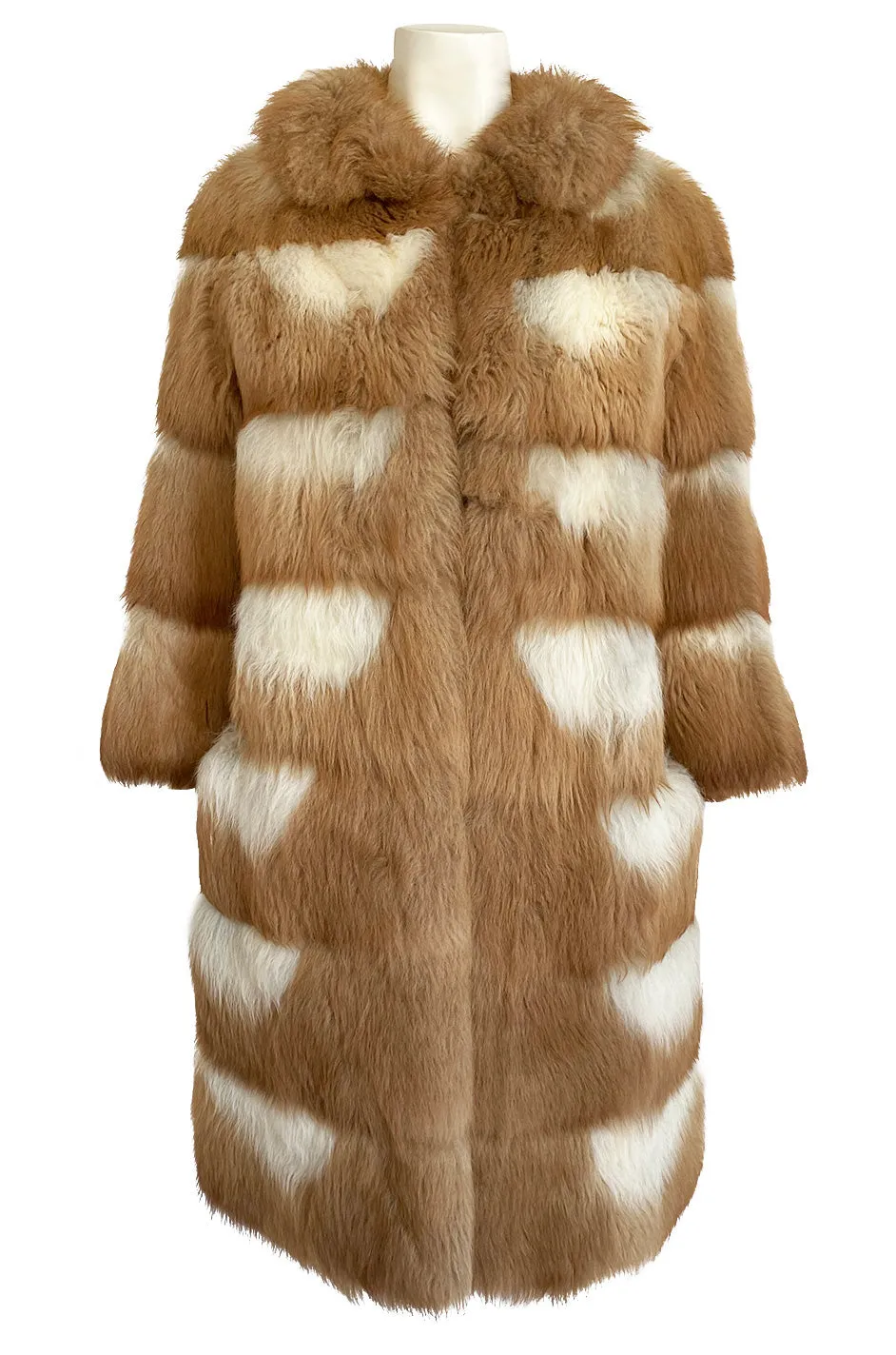 Custom Made c.1968- 1972 Christian Dior Two Toned Caramel & Cream Fluffy Sheepskin Fur Coat