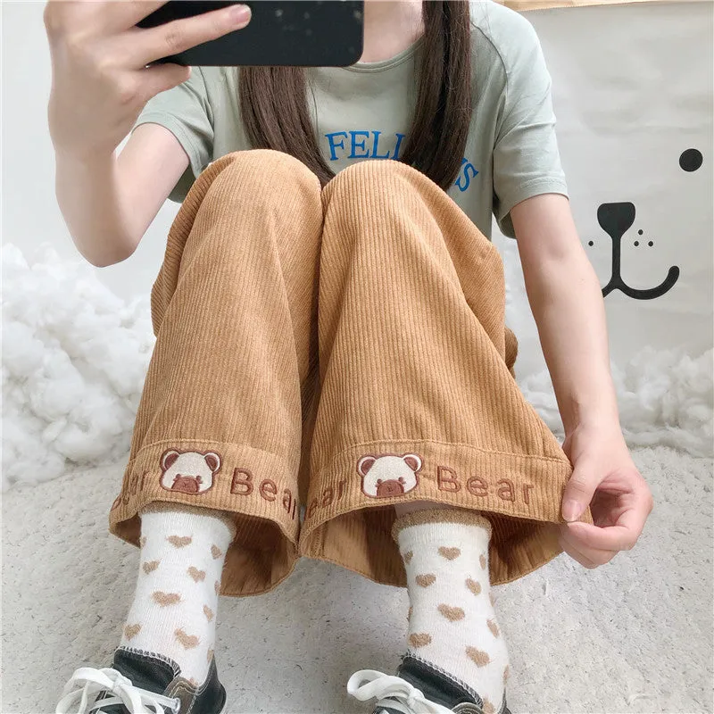 CUTE BEAR EMBROIDERY CORDUROY CASUAL PANTS UB3400