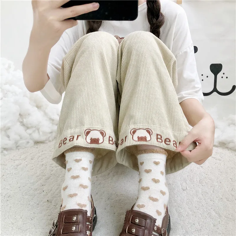 CUTE BEAR EMBROIDERY CORDUROY CASUAL PANTS UB3400