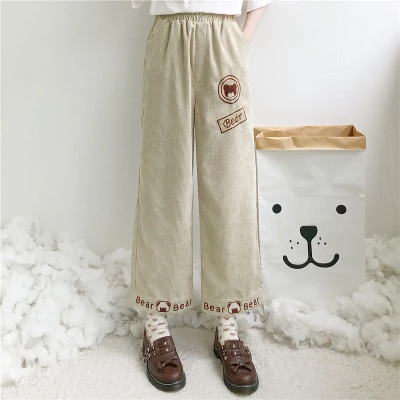 CUTE BEAR EMBROIDERY CORDUROY CASUAL PANTS UB3400