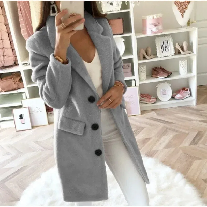 Double Breasted Woolen Coat Long Sleeve Trend Autumn Thin Wool Jackets Women Suit Collar Mid-Length Solid Color Bleads Coats