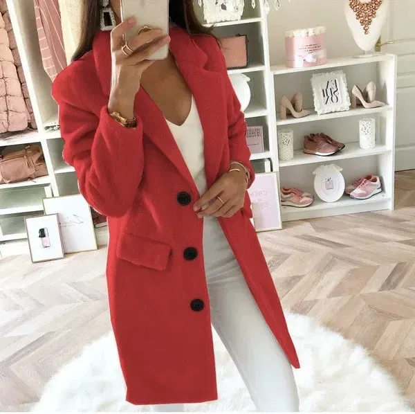 Double Breasted Woolen Coat Long Sleeve Trend Autumn Thin Wool Jackets Women Suit Collar Mid-Length Solid Color Bleads Coats
