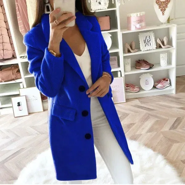 Double Breasted Woolen Coat Long Sleeve Trend Autumn Thin Wool Jackets Women Suit Collar Mid-Length Solid Color Bleads Coats