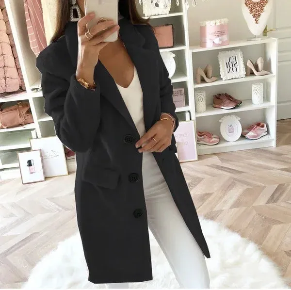 Double Breasted Woolen Coat Long Sleeve Trend Autumn Thin Wool Jackets Women Suit Collar Mid-Length Solid Color Bleads Coats