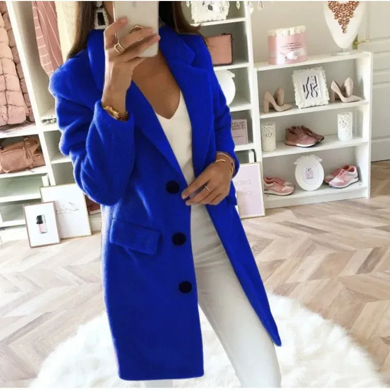 Double Breasted Woolen Coat Long Sleeve Trend Autumn Thin Wool Jackets Women Suit Collar Mid-Length Solid Color Bleads Coats