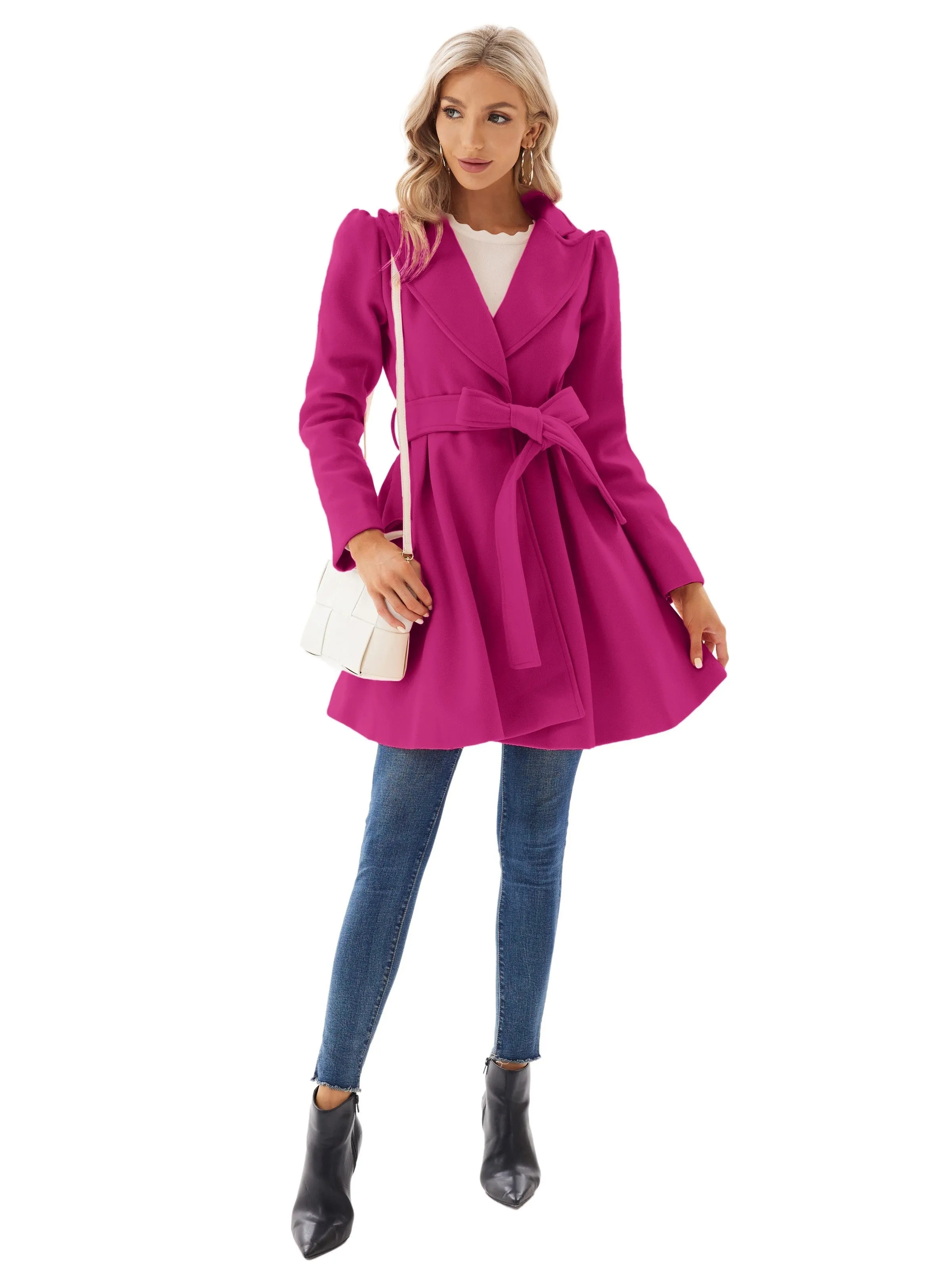 Elegant Lapel Tie Belt Pea Coat for Women
