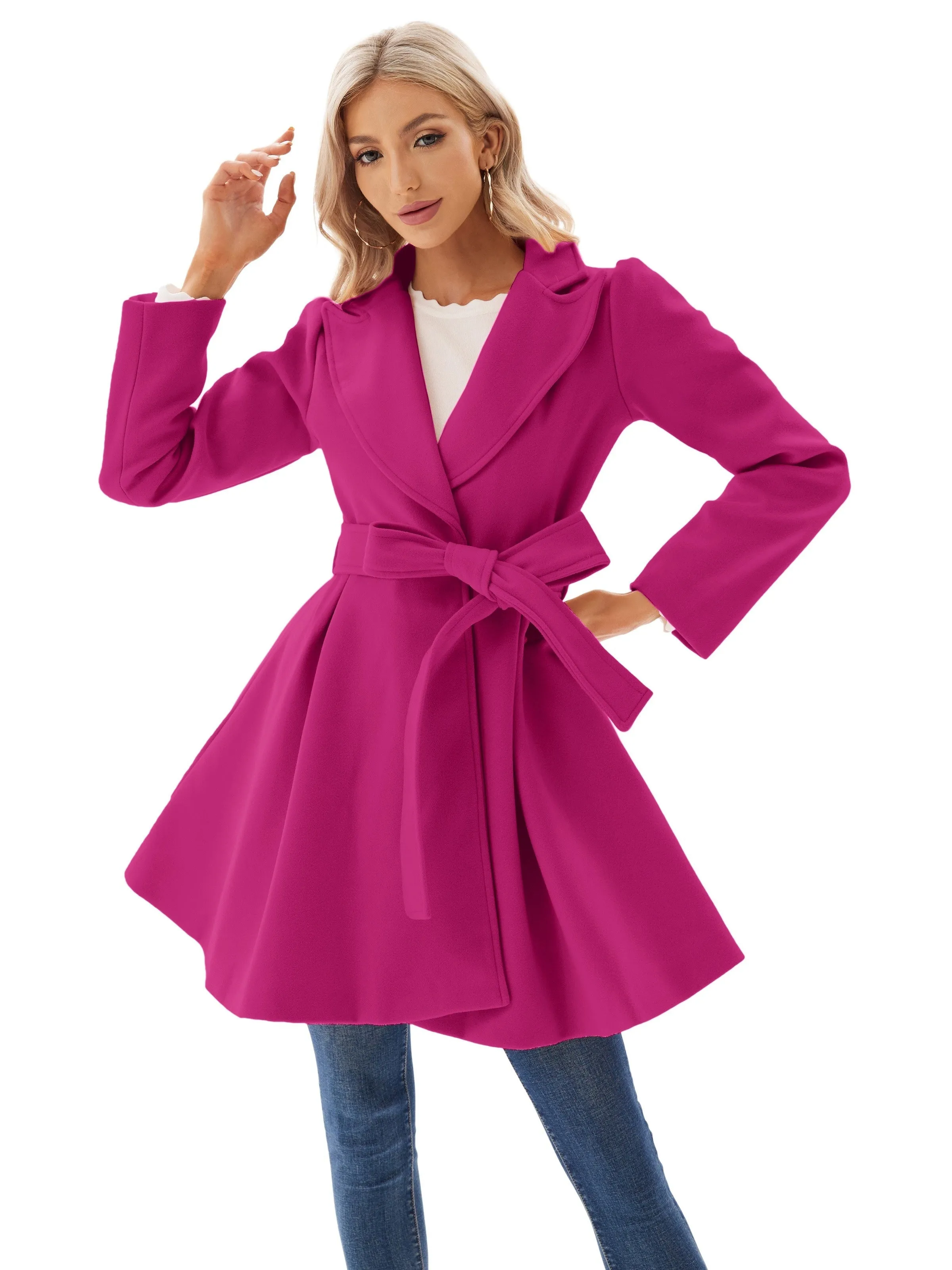 Elegant Lapel Tie Belt Pea Coat for Women