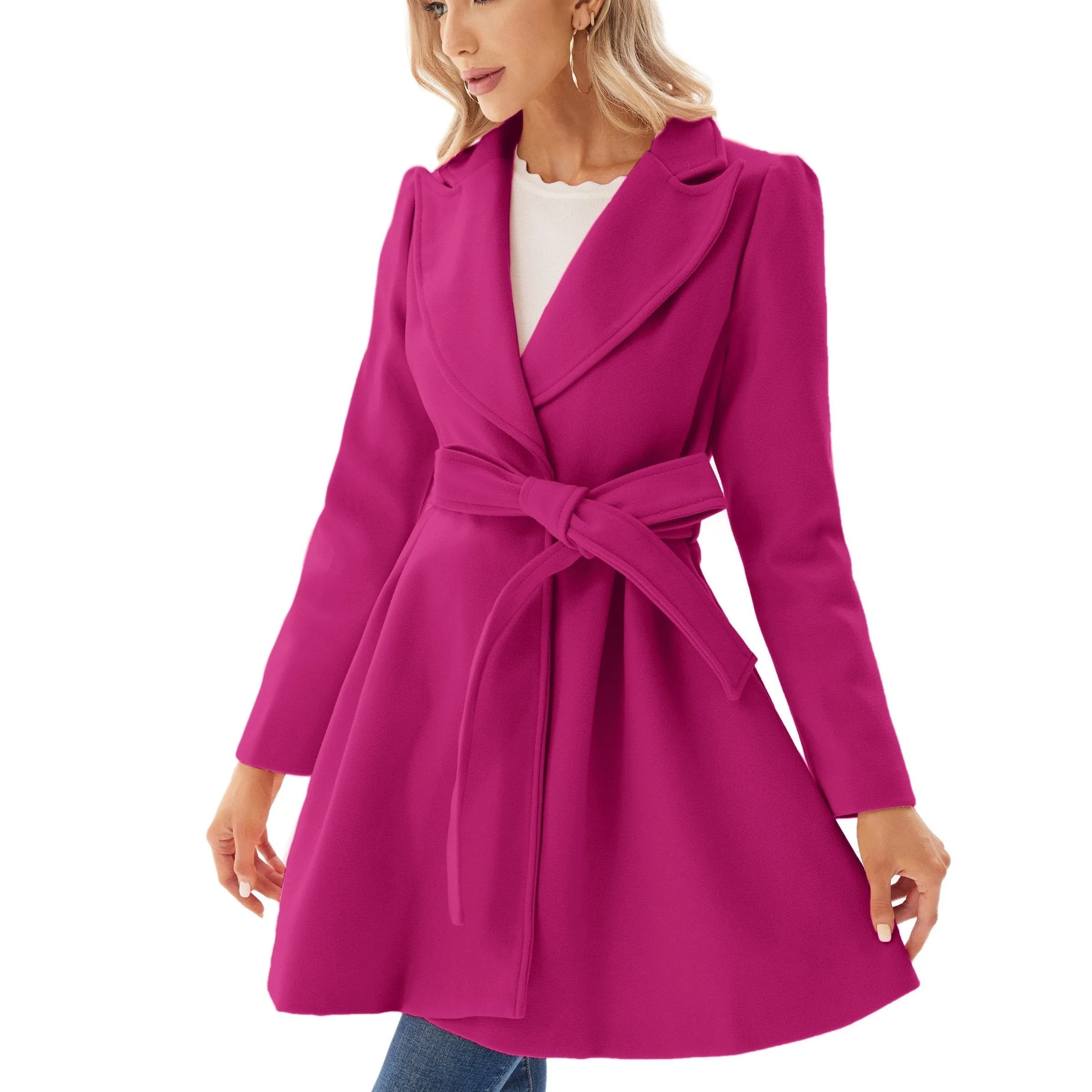 Elegant Lapel Tie Belt Pea Coat for Women