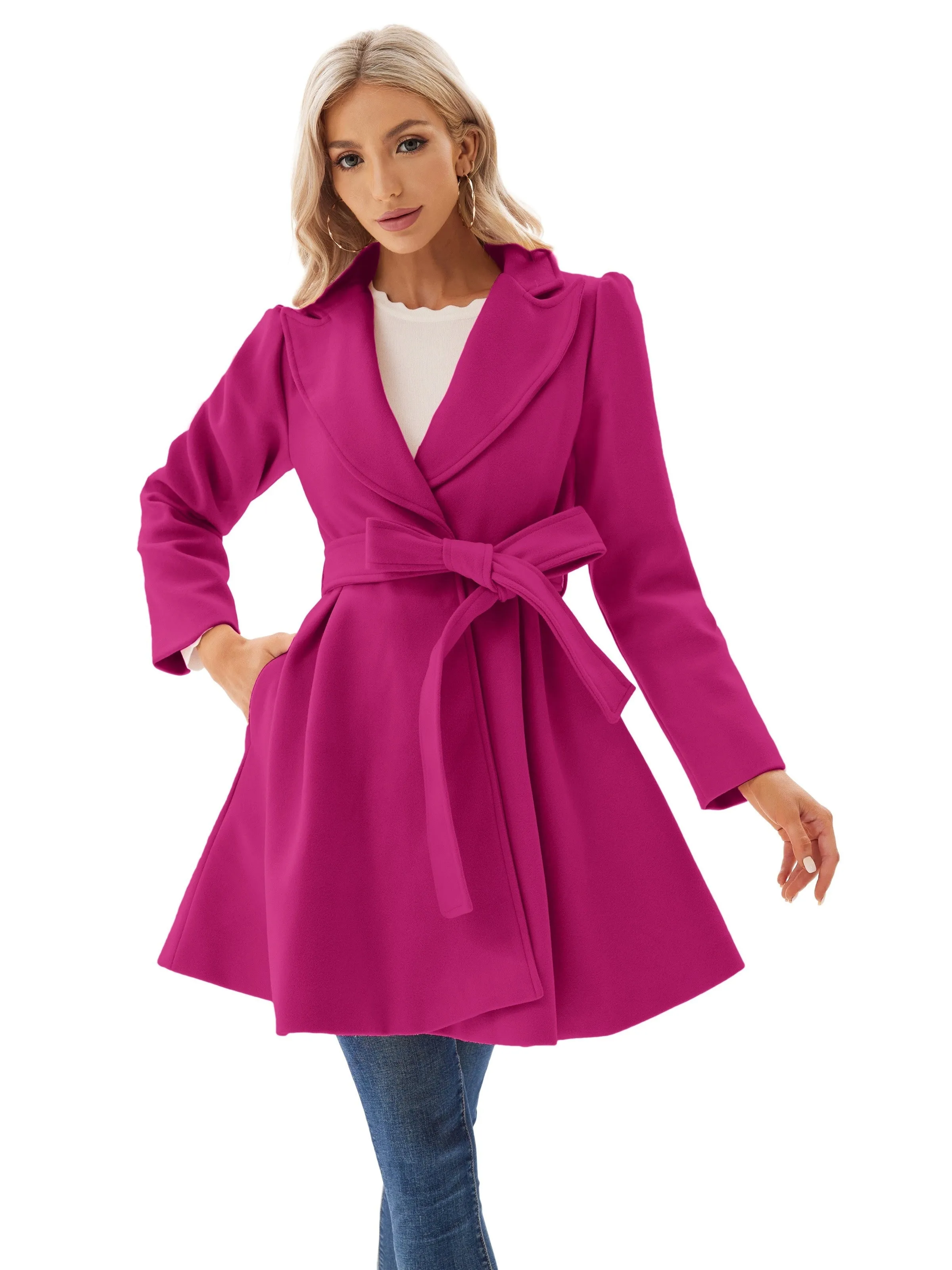 Elegant Lapel Tie Belt Pea Coat for Women