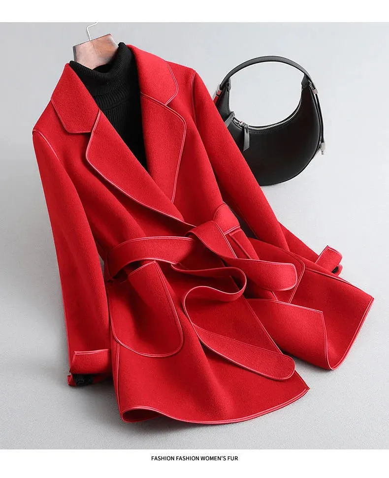 Elegant Midi Lace-up Women Wool & Blends Coats Fashion Female Classic Outwear Cardigan Autumn Winter Woolen Lady Pocket Overcoat