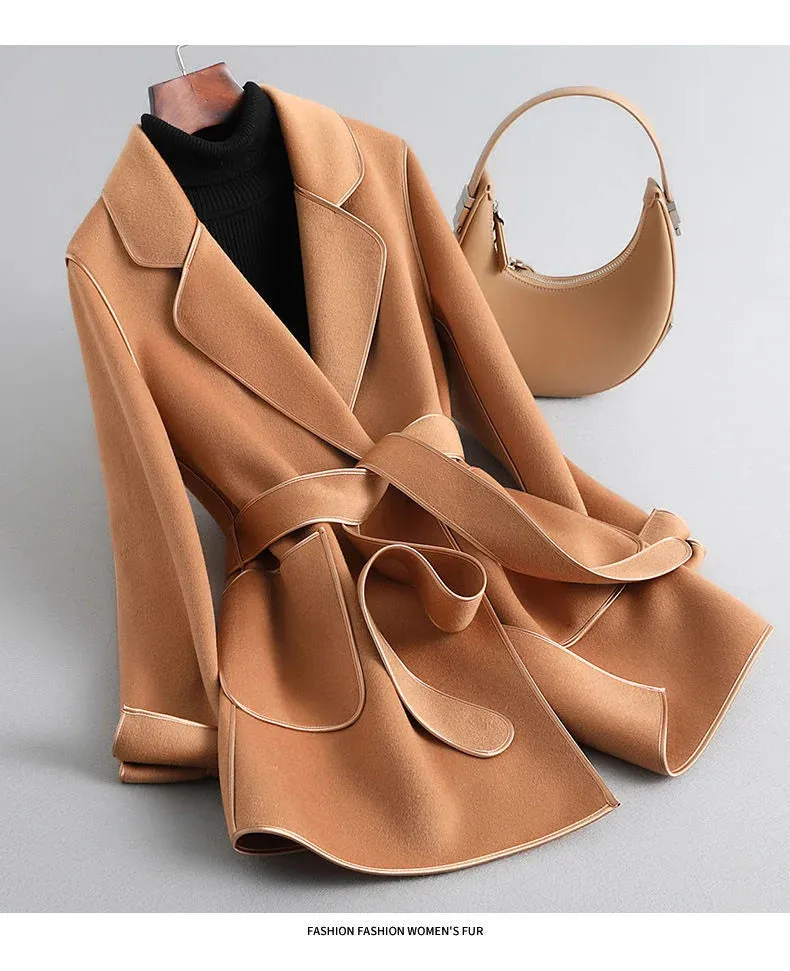 Elegant Midi Lace-up Women Wool & Blends Coats Fashion Female Classic Outwear Cardigan Autumn Winter Woolen Lady Pocket Overcoat