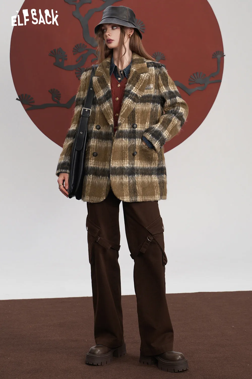 ELFSACK Plaid Woolen Jacket Suit Jackets Women 2023 Winter Academic Style Coats