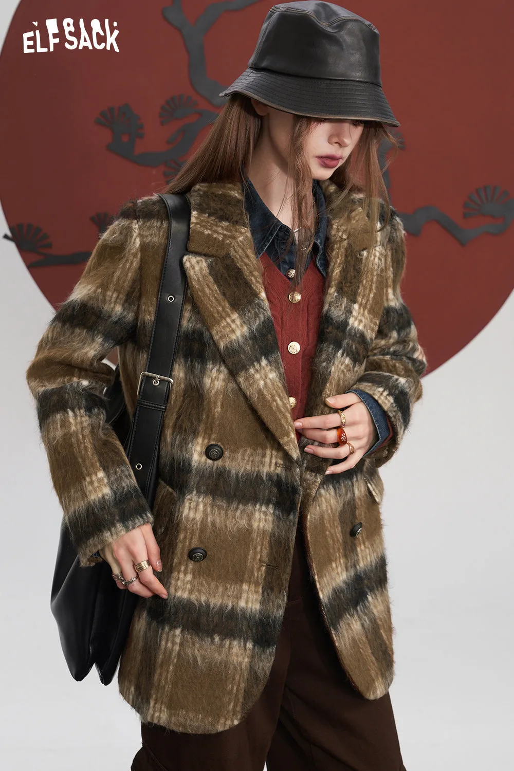ELFSACK Plaid Woolen Jacket Suit Jackets Women 2023 Winter Academic Style Coats